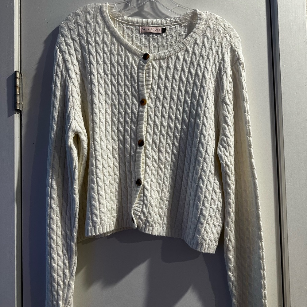 Dana Scott Cable Knit Lounge Set - Cardigan & Pants - Ivory Cream - Size L